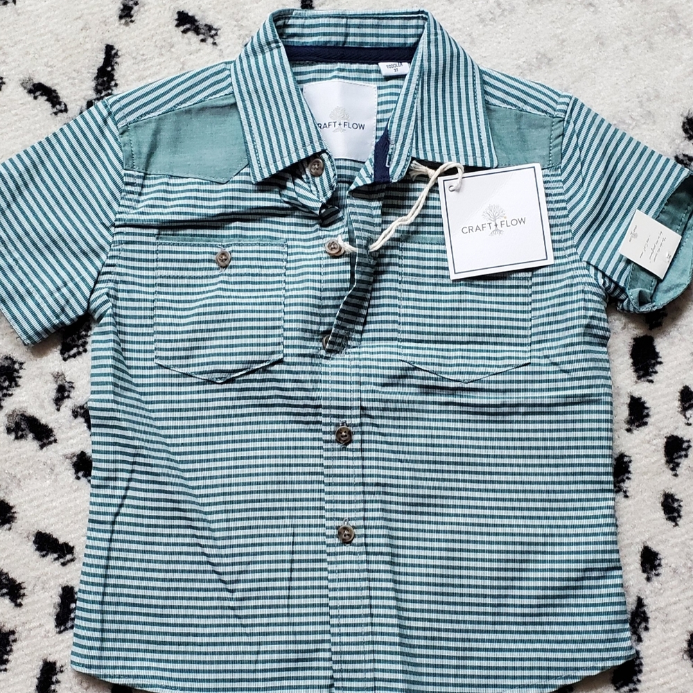 Craft + Flow Sage Green Short sleeve button up, kids 3t